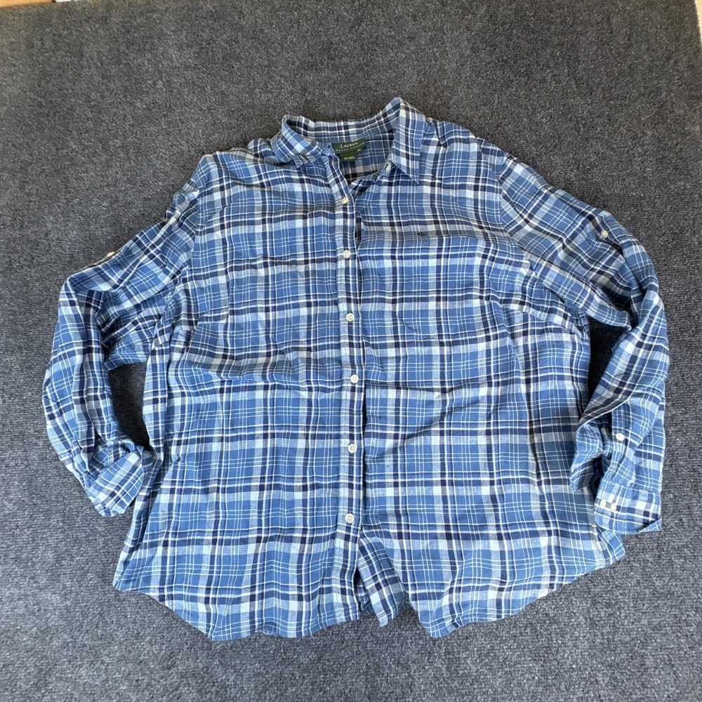 Lauren Ralph Lauren Linen Shirt Womens 3X Blue White Plaid Logo Casual Button Up